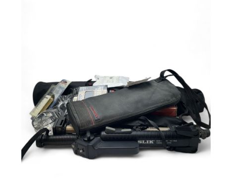 Collection of camera equipment and accessories, including tripods, stands and cases, by various makers including Hama, Benbo,