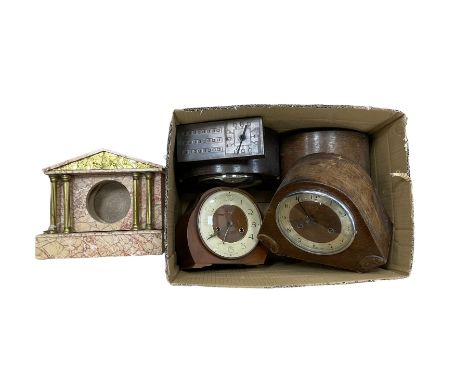 Five assorted 20th century mantle clocks and a marble French clock case.