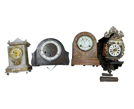 A French alabaster clock, Dutch wall clock and two 20th century mantle clocks