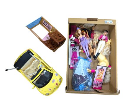 Collection of Barbie dolls, clothes, horse, stable and accessories, including, together with a Mattel Barbie yellow Volkswage