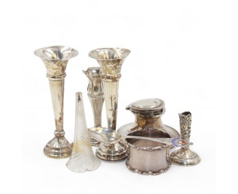 Group of silver to include two trumpet vases, inkwell, napkin ring, spoon, etc, all hallmarkedCondition Report:Total weight (