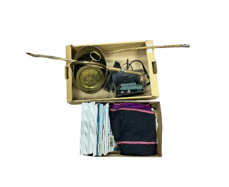 Brass coal bucket, together with other metalware, walking stick, magazines etc  