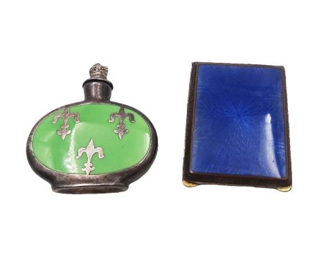 Early 20th century small brass cigarette case, with guilloche enamel panel to hinged cover, together with a silver plated cer