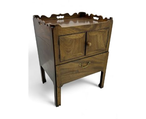 George III mahogany tray top commode, rectangular top with shaped gallery back, over double door and lower drawer opening to 