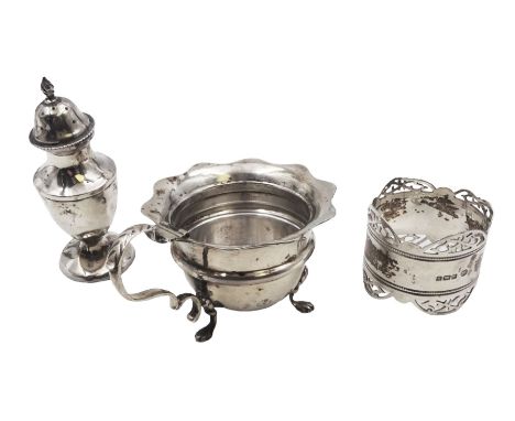 Group of silver, including mustard pot, pepper shaker and napkin ring, all hallmarked Condition Report:Approx 96 grams
