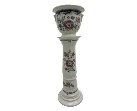 Royal Winton - early 20th century ceramic jardinière on stand, white ground with polychrome floral decoration, flared rim and