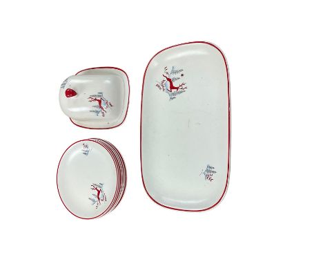 Crown Devon Stockholm pattern tea wares, comprising cake plate, butter dish and cover and six dessert plates 