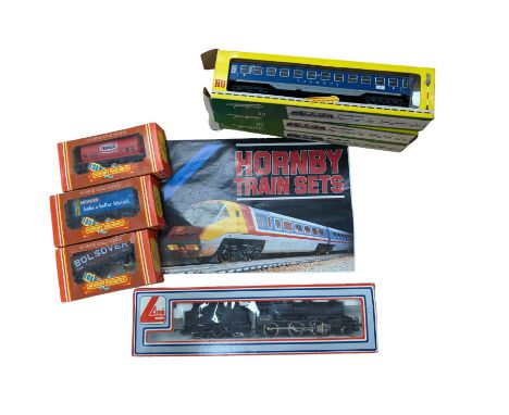 Lima '00' gauge locomotive 205120 MWG no. 42700, three Hornby goods wagons, three  Fleischmann HO gauge Touropa coaches, all 