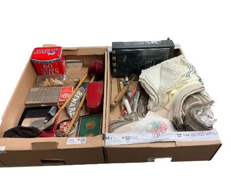 Grundig Satellit 500 radio, table linen, Cambridge University car badge, hip flask, various flatware etc in two boxes