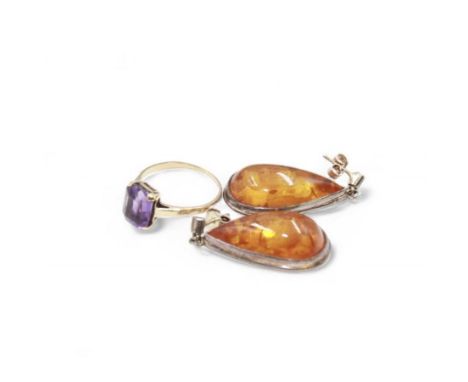 9ct gold purple paste ring and a pair of silver pear shaped Baltic amber pendant earringsCondition Report:Ring 2.4 grams
