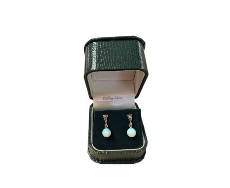 Pair of silver marcasite and opal pendant stud earrings, stamped, boxed 