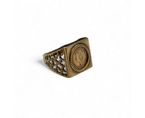 9ct gold square signet ring set with coin, hallmarked Condition Report:Approx 6.06 grams, coin tests 9ct