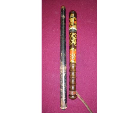 Turned hardwood truncheon with ribbed grip and gilt painted detail with crowned GR and panel crest for R&amp;C with leather s