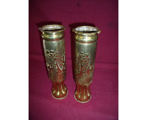 Pair of WWI trench art artillery shells stamped 1914 &amp; 1918 (34cm high) 