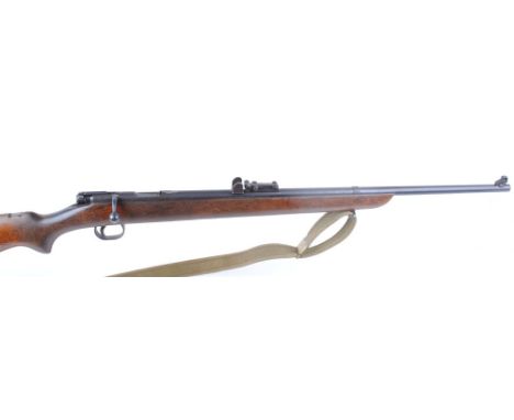 .22 BSA, bolt action, single shot, blade protector foresight, ramp rear sight, brass butt plate with patch pocket, makers imp