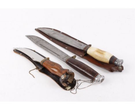 Bone handled hunting knife, 8 ins blade in leather sheath and two other huntsmans knives