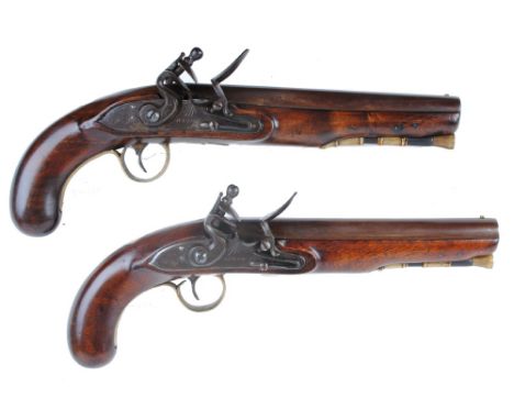 Cased pair 18 bore flintlock pistols by Nixon (Newark ?) 8 ins full stocked barrels, brass mounted ramrods, steel actions sta