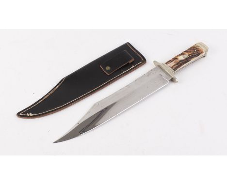 Large bowie type knife, 10,7/8 ins polished steel blade stamped R. Middleton Sheffield, brass mounted horn grips, in leather 