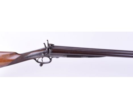 12 bore pinfire sporting gun by R Jeffery, 30 ins damascus barrels, signed back action locks, under lever opening, long top s
