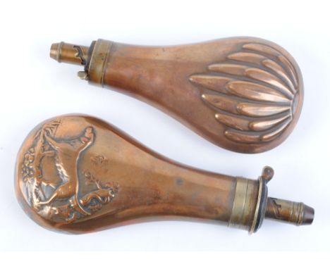 Copper and brass powder flask by Dixon & Sons, relief gun dog decoration, 8 ins overall, together with another smaller copper