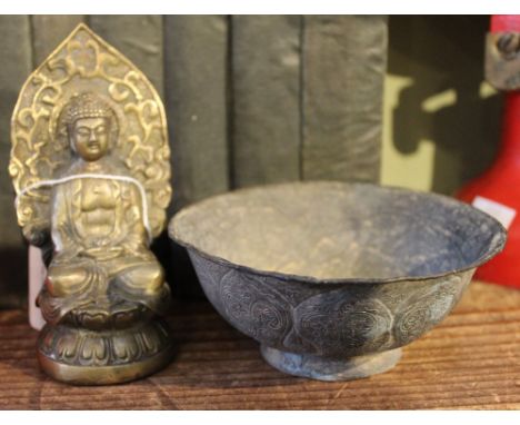 A meditating buddha statue, together with a Tibetan Buddhist monk's alms bowl, both with seal to base