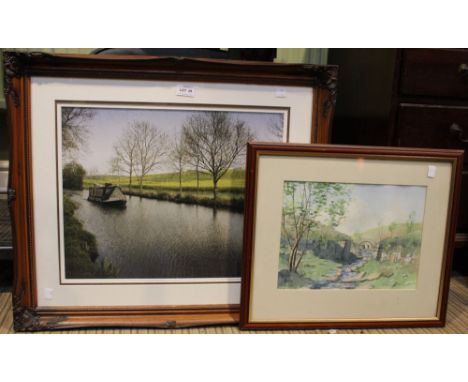 An original watercolour landscape indistinctly signed, together with a print of a narrowboat