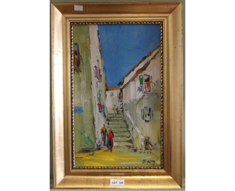 Deakins, George R original oil on canvas of a continental street scene framed