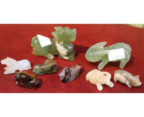 A small box to include agate and tiger eye farmyard animals a jade rabbit and dragon