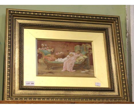 After Maude Goodman, "Reclining on the day bed" over painted print, 16cm x 24cm, gilt framed and glazed&nbsp;