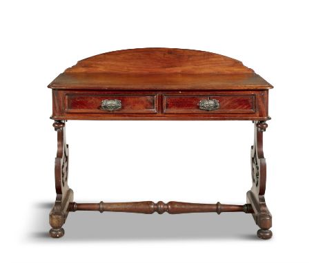 A VICTORIAN MAHOGANY RECTANGULAR SIDE TABLE, with arched panel back, moulded rim above twin fielded frieze drawers with drop 