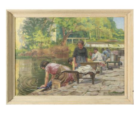 R. MICHAULT (20TH CENTURY SCHOOL)Woman washing clothes in a riverOil on canvas. 54 x 73Signed