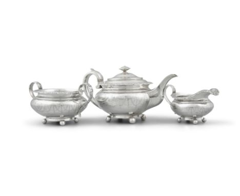 A SILVER THREE PIECE TEA SERVICE, London c.1823, mark of Joseph Angell I, comprising a circular teapot, cream jug and sugar b