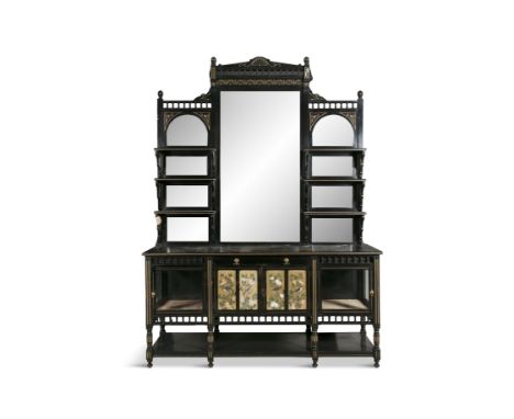 A 19TH CENTURY AESTHETIC PERIOD EBONISED AND PARCEL GILT CHIFFONIER, the top with raised central section above a bevelled mir