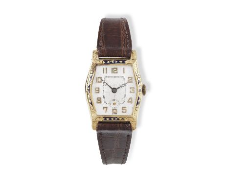 THREE ENAMEL AND GOLD MANUAL WIND WRISTWATCHES CIRCA 1930-45, square dials with Arabic numerals with subsidiary dials, enamel