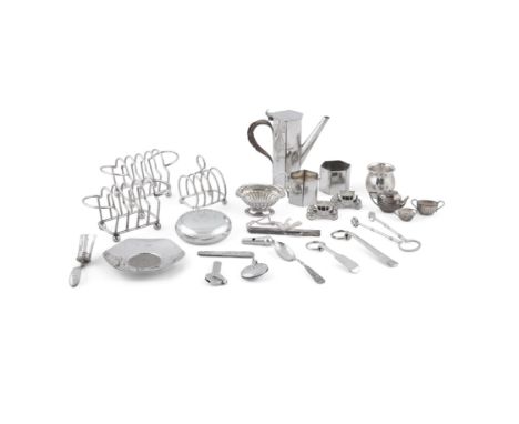 A COLLECTION OF SILVER AND EPNS, including:an Art Deco silver&nbsp; plated three-piece coffee set, of miniature form, 11cm hi