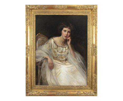MAUD HALL RUTHERFORD NEALE (1869 - 1960)Portrait of Mrs McLaren, seated, half-length in white silk gown Oil on canvas, 101 x 