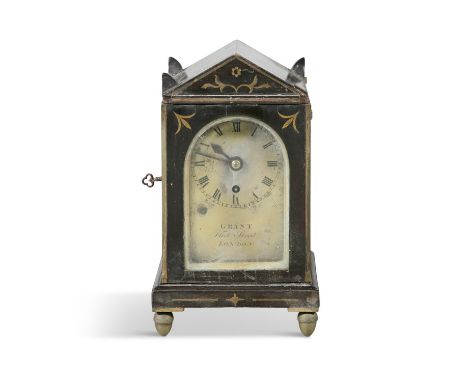 A SMALL BRASS-FACED MANTEL CLOCK BY GRANT EARLY 19TH CENTURY, the brassed dial (worn) inscribed 'Grant, Fleet Street, London'