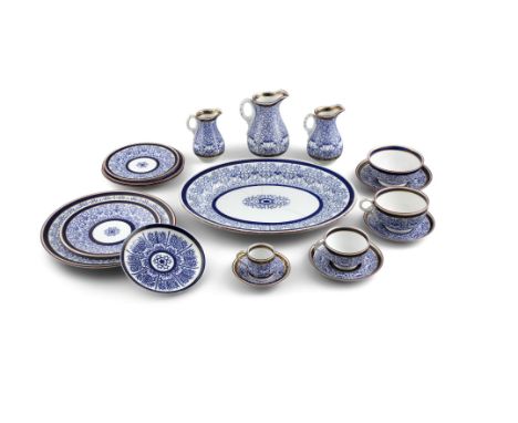 A ROYAL WORCESTER BLUE AND WHITE ROYAL LILY PATTERN PART TEA SERVICE, comprising three jugs in sizes, a circular sugar bowl, 