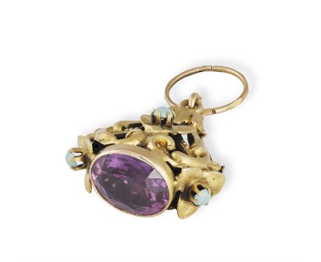 AN AMETHYST AND TURQUOISE FOB PENDANT, of floral detailing highlighted with circular cabochon turquoises and an oval-shaped p