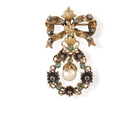 A LATE 19TH CENTURY EMERALD, DIAMOND AND PEARL PENDANT/BROOCH, set with a round-shaped pearl pendant within a foliate surroun