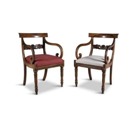 A PAIR OF WILLIAM IV ROSEWOOD OPEN ARMCHAIRS, each with upholstered drop-in seats, and curved panel top rail, down-swept arms