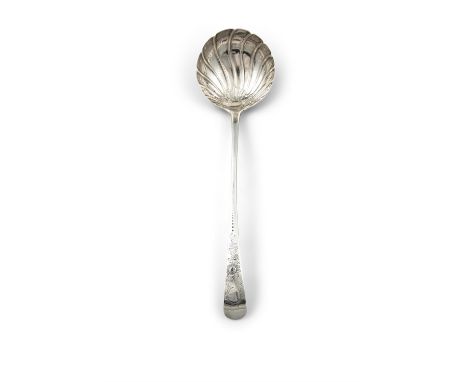 AN IRISH GEORGE III SILVER TAPER HANDLED LADLE , Dublin 1796, mark probably of John Laughlin Senior, with scallop bowl and la