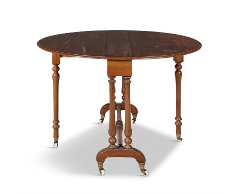 A VICTORIAN MAHOGANY OVAL DOUBLE DROP LEAF SUTHERLAND TABLE, on gate-leg support. 91 x 103cm open.