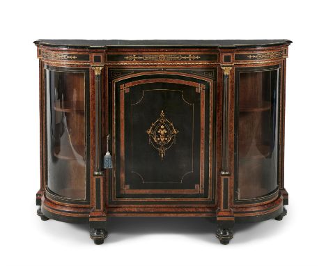 A 19TH CENTURY EBON AND WALNUT INLAID BOWFRONT CREDENZA, with central fielded panel door, with gilt metal mounts and glazed r