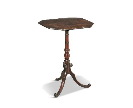 A GEORGE IV MAHOGANY OCCASSIONAL TABLE, the solid rectangular top with angled corners, on ring turned centre column and tripo