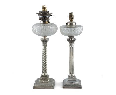 AN IRISH SILVER PLATED CORINTHIAN COLUMN OIL LAMP, by West &amp; Son Dublin, with hobnail-cut clear glass reservoir, converte