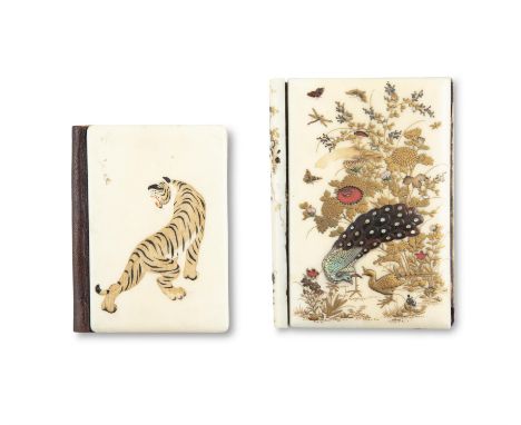 A JAPANESE SHIBIYAMA IVORY CARD CASE, 19th century, decorated with peacock, wading birds, butterfly's and insects, in gilt an