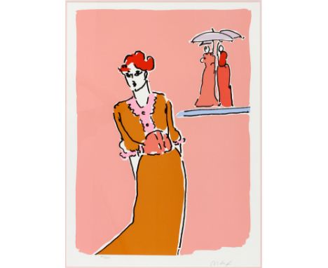 PETER MAX (AMERICAN/GERMAN, B.1937), LITHOGRAPH, H 28 1/2", W 21", LADIES UNDER UMBRELLASSigned, framed under glass, and numb