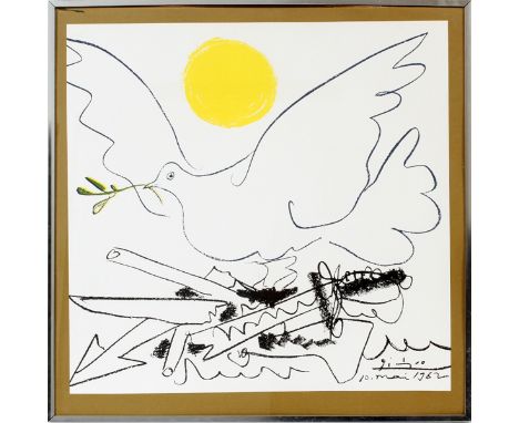 PICASSO (SPANISH, 1881-1973), COLOR LITHOGRAPH, H 21 1/2", W 22", "LA COLOMBE DE LA PAIX"Framed under glass, measures overall