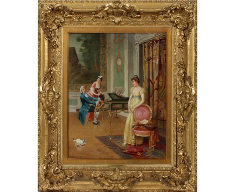 VINCENT G. STIEPEVICH (AMERICAN/RUSSIAN, 1841-1910), OIL ON CANVAS, H 24", W 20", 'THE MUSICALE' In a carved gilt wood frame;